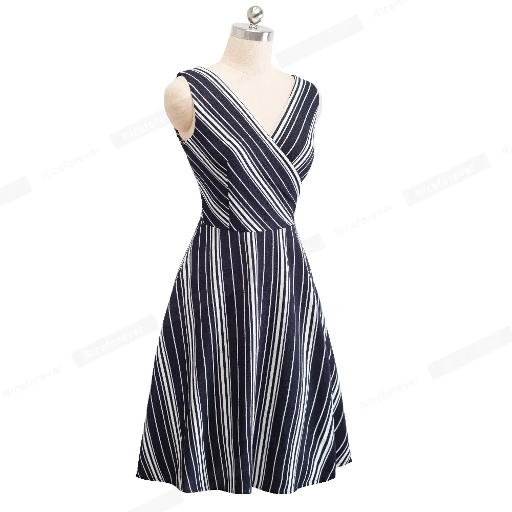 Nice-forever Винтаж полосы печатных сексуальный v-образный вырез кинозвезды vestidos