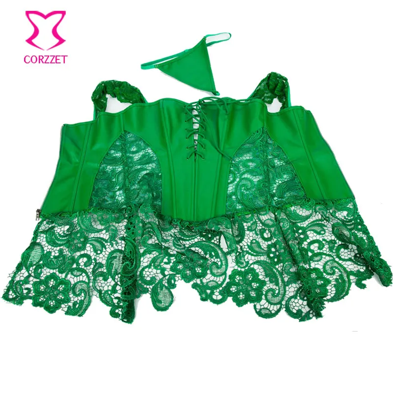 Одежда в стиле панк и готика Зеленый цветочный кружевной кожаный корсет женские