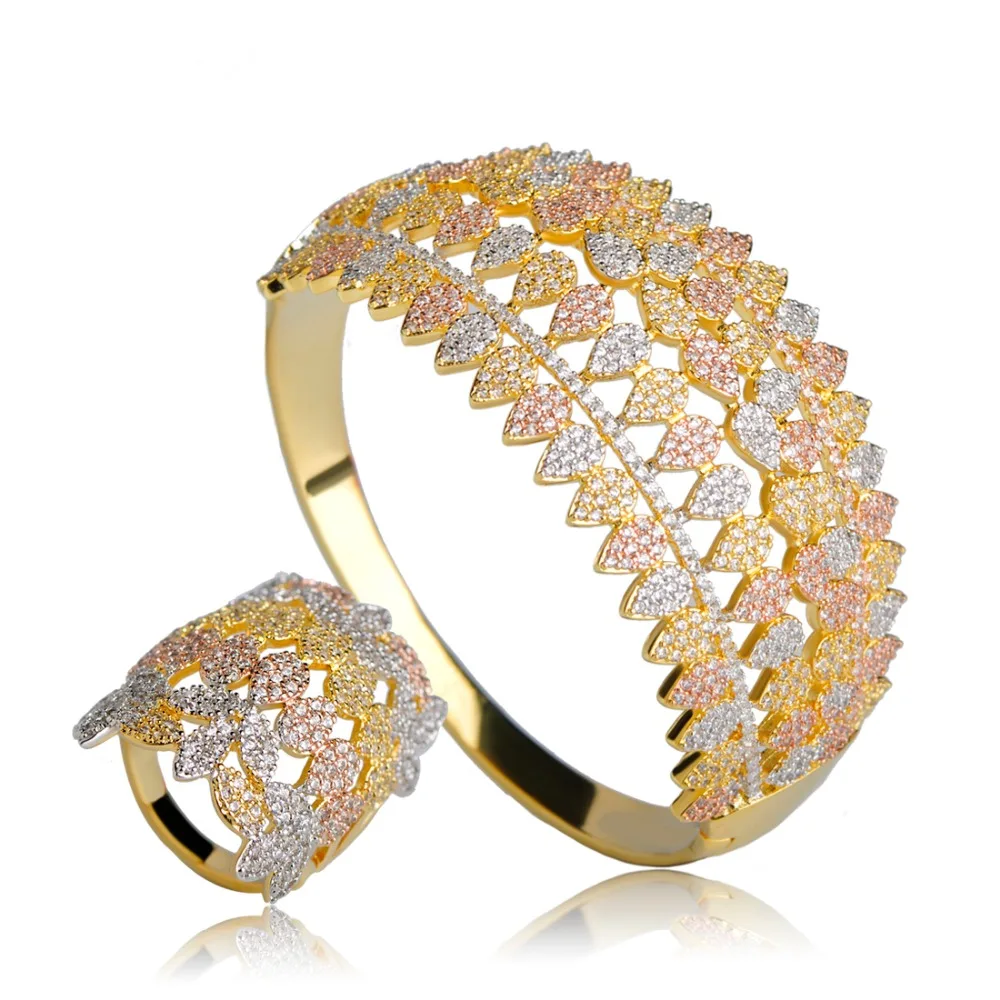 

Dazz NEW Luxury Jewelry Set Three Color AAA Zircon Copper Bangles Ring Sets Flower Wide Rings Nigeria Wedding Accessories Gifts
