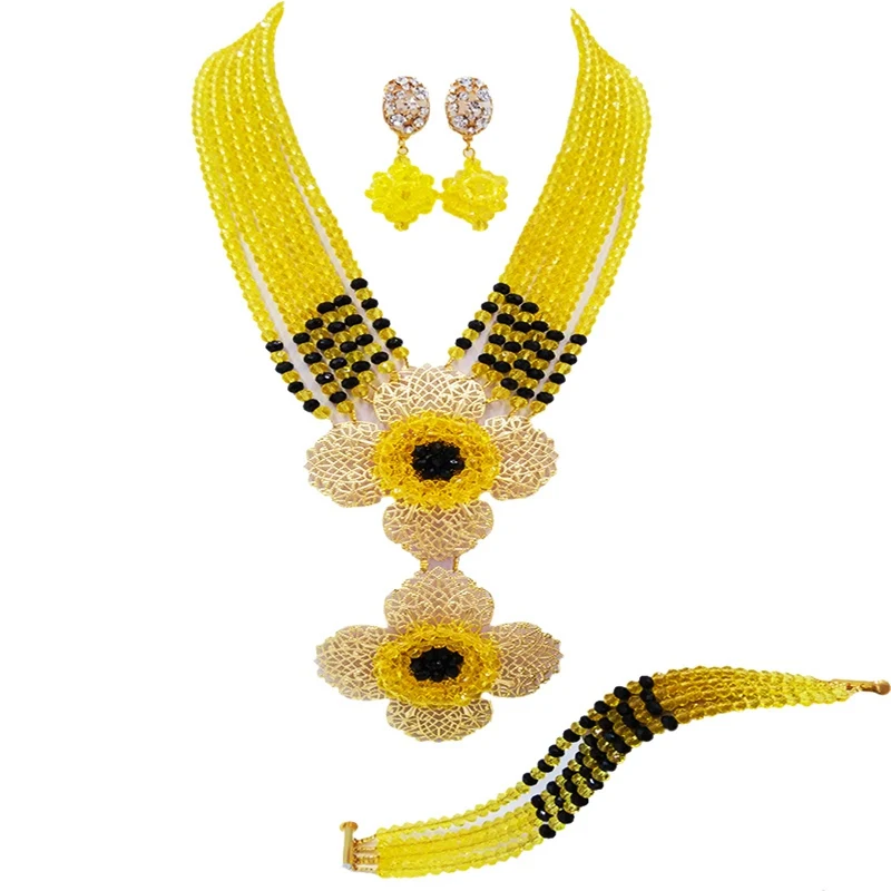 

Fashion Yellow Black Nigerian Necklace African Wedding Beads Jewelry Set Crystal Bridal Jewelry Sets 6DHJZ16