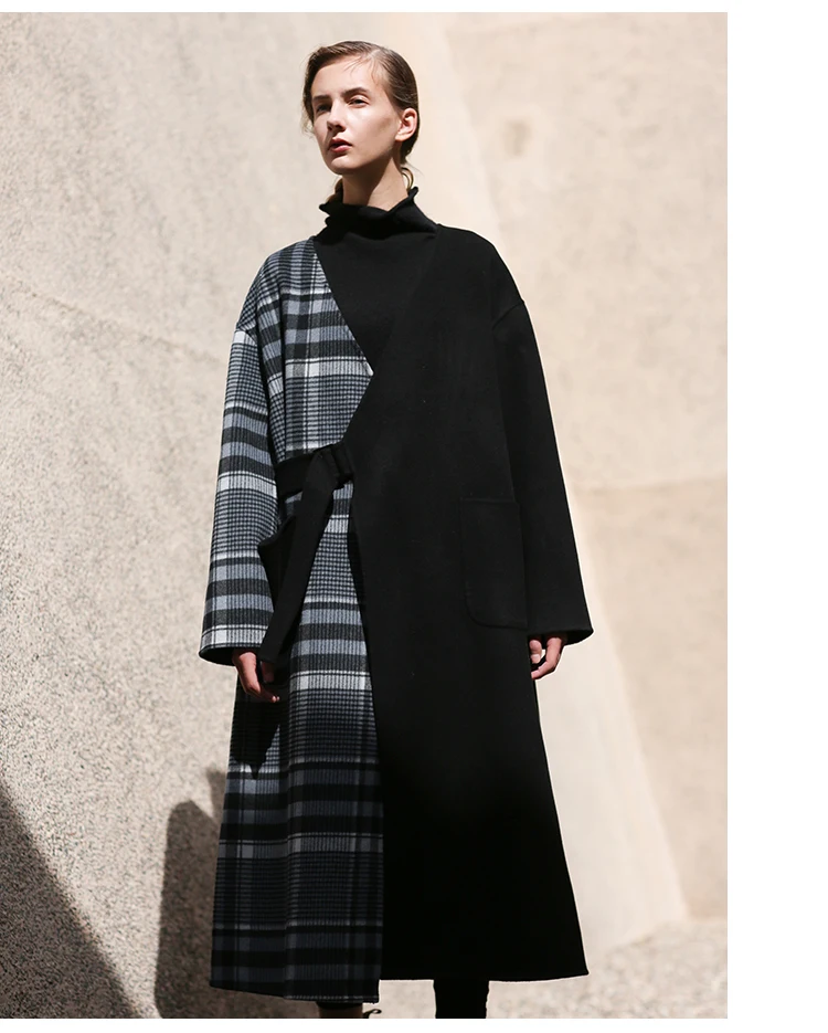 IRINAW150 2018 AW Collection v neck bleted oversized long plaid patchwork black handmade double faced 100% wool coat women | Женская