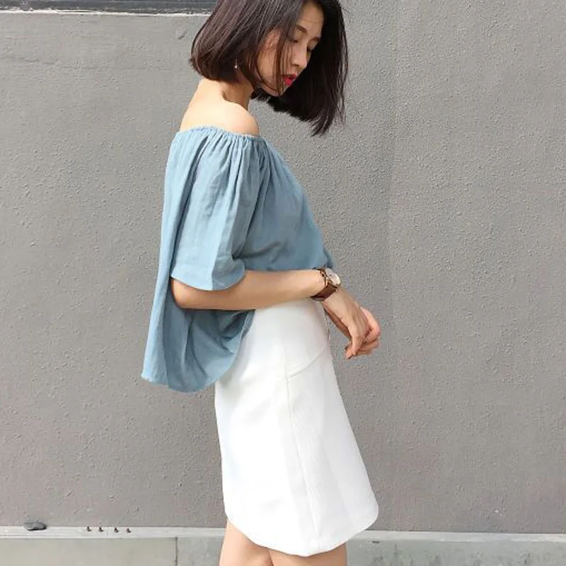 Newest Off The Shoulder Tops Vogue Summer Hot Sale Feminine Half Sleeve Slash Neck Casual Loose Blouse Shirt |