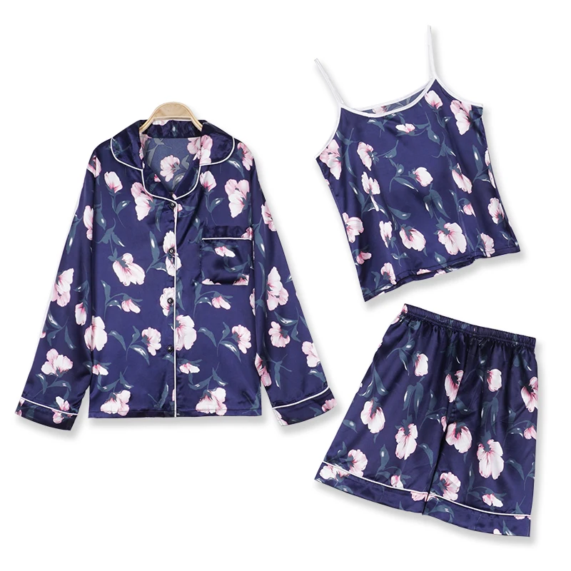 

WAVMIT 7 Pieces Set Silk Elegant Women Pajamas Summer Autumn Print Silk Shorts Long Sleeve Top Elastic Waist Pants Silk Pijamas