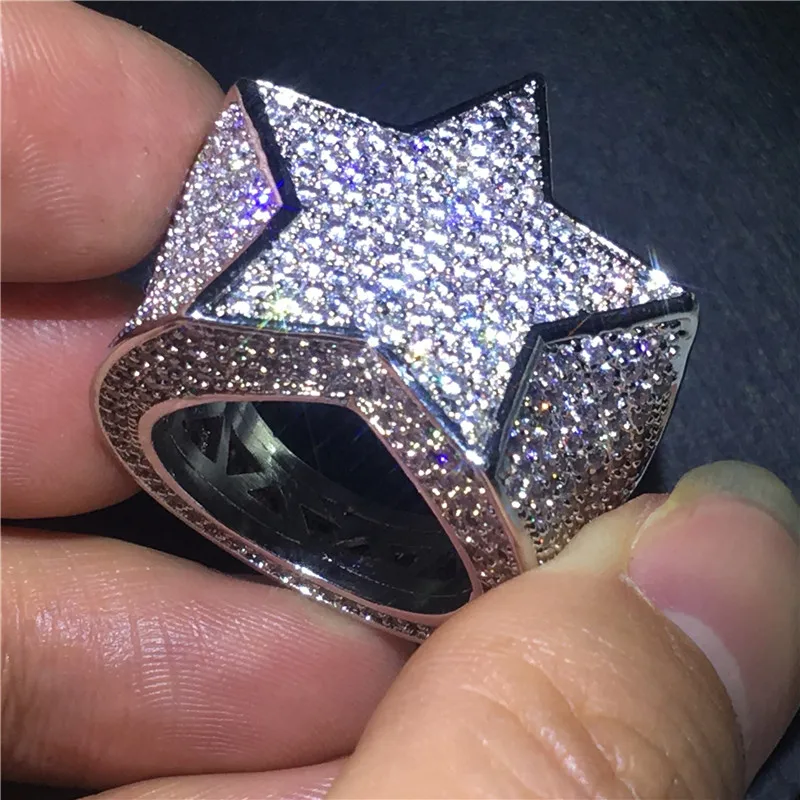 

Роскошные большие звезды кольцо в стиле хип-хоп проложить Установка 5A циркон камень белого золота заполнены партии обручальные кольца для ...
