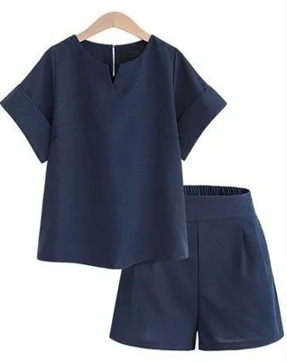dark blue olgitum летние Повседневное из хлопка и льна Для женщин комплекты с v-образным вырезом, короткий рукав, комплект из двух предметов женский офисный костюм плюс Размеры WS044 - Цвет: dark blue