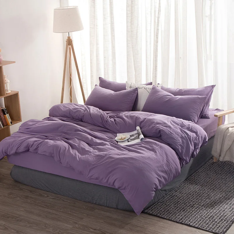 Washed Cotton Bedding Set Solid Duvet Cover Soft Grey Bedclothes Japanese Style Home Bed Super King Size Linens | Дом и сад