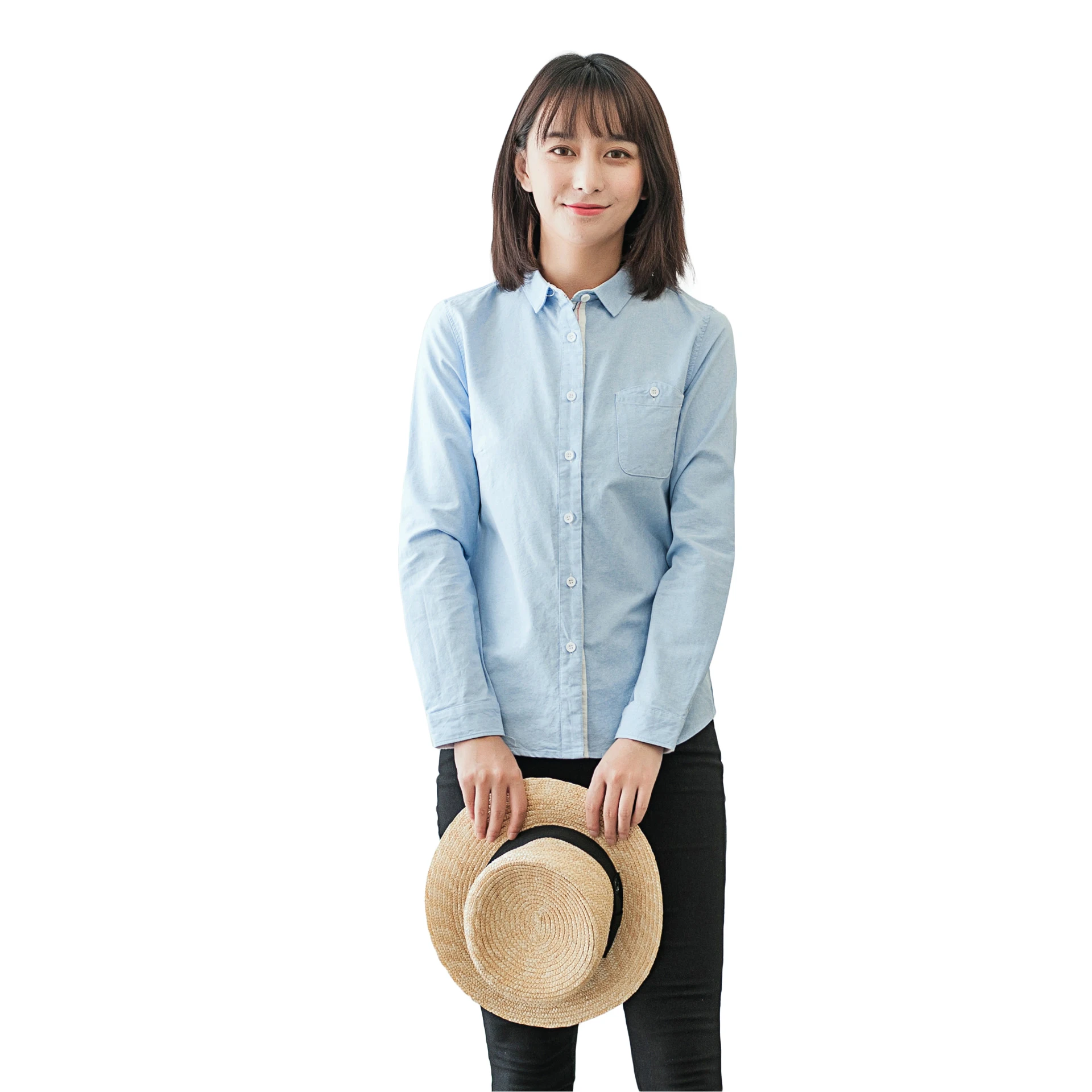 

Women's Cotton Blouse Oxford Spinning Collar Long Sleeve White Shirt