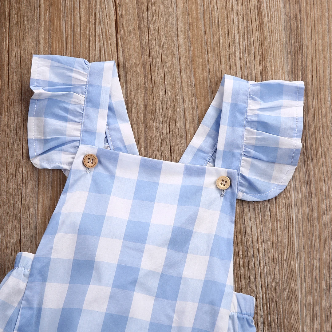 2017 Милая одежда для маленьких девочек летний комбинезон в синюю и белую клетку с
