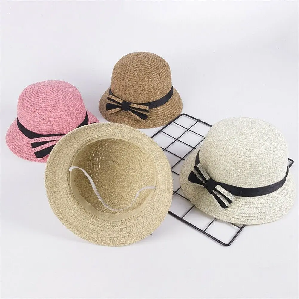Cute Child Girls Straw hat Bowknot Sun Hat Kids Large Brim Beach Summer Boater Ribbon Round Flat Top fedora | Аксессуары для