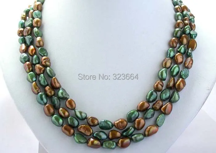 

3strands 11mm champagne green baroque Freshwater Pearl Necklace