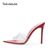 women open pointy toe transparent pvc mules high heel red sandals nude wedding heels ladies black stiletto heel summer shoes