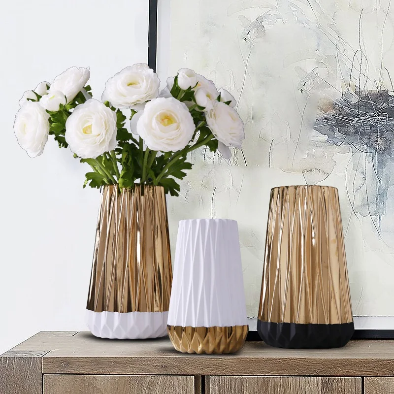 

Golden Ceramic Vase Simple Home Living Room Bedroom Dining Table Flower Arrangement Home Decoration Ornaments R710