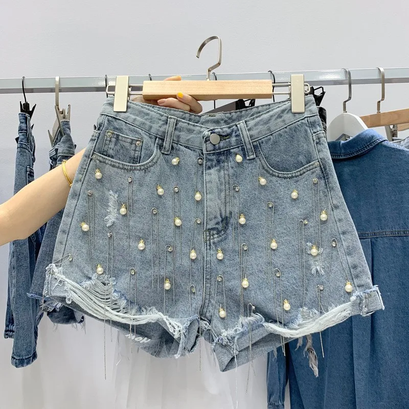 High Street Korean Summer Female Chain Tassel Embroidered Flares Wide Leg Shorts Waist Hole Ripped Fashion Casual | Женская одежда