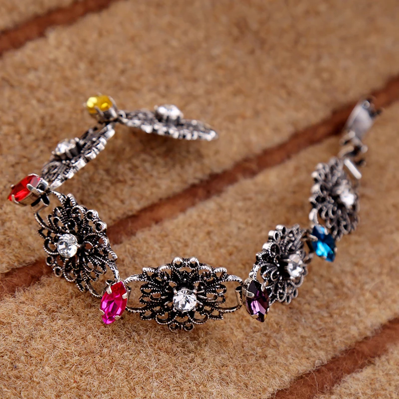 Antique Silver Color Ethnic Jewelry Flower Chain Bracelet Colorful Crystal Statement Vintage For Princess | Украшения и
