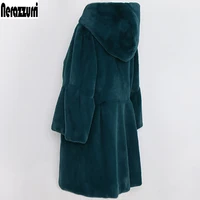 nerazzurri autumn soft faux fur coat women with hood 34 flare sleeve pleated colored stylish fluffy furry jacket korean fashion