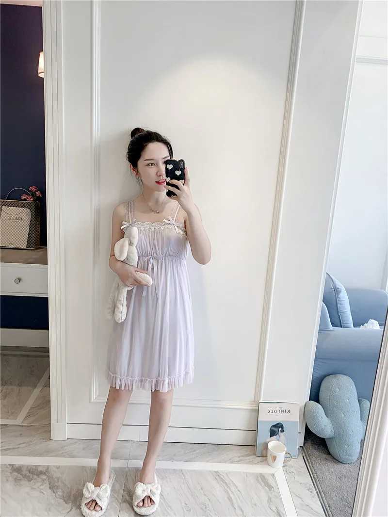Lovely Retro Women Nightdress Lace Spaghetti Strap Princess Style Nightwear