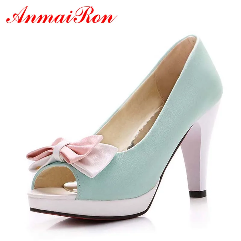 

ANMAIRON Women Pumps Sweet Bow Shoes Woman Roman Vintage Chunky High Heels Office Lady Shoes Peep Toe Platform Pumps