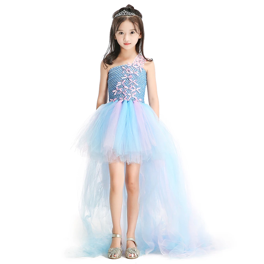 Pink and Blue Butterfly Bow Rhinestone Baby Girls Dresses with Train Tulle Lace Straps Children Tutu for Party | Детская одежда и