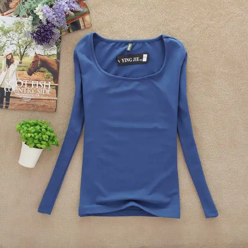 

New 2018 winter T Shirt Women Long Sleeve spring Tops & tees square collar basic T-shirt casual candy color good stretch