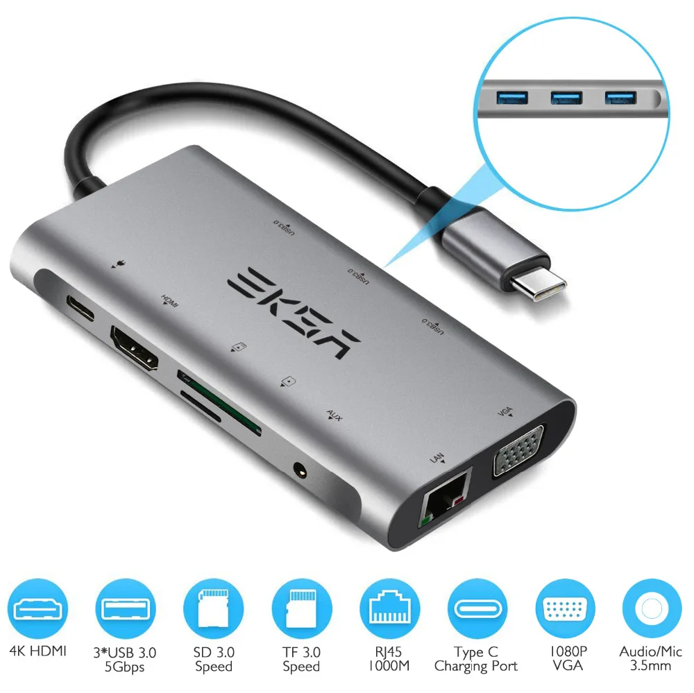 EKSA концентратор USB Type C к HDMI/RJ45 Gigabit Ethernet/VGA/кард-ридер/Thunderbolt 3 адаптер для Macbook huawei P20 Pro USB 3,0 концентратор