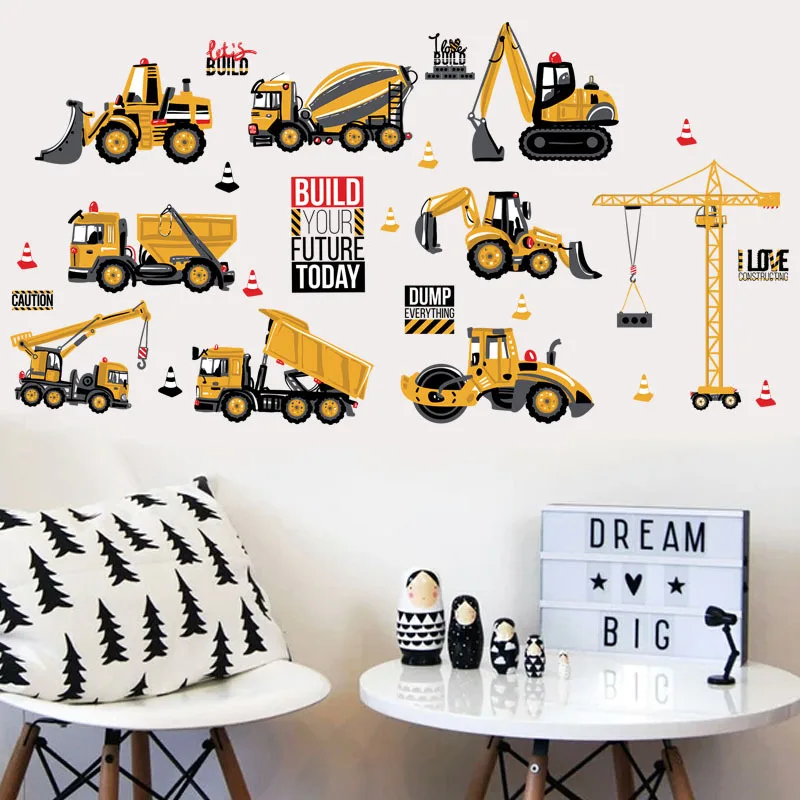 Cartoon Engineering Vehicles Truck Wall Stickers for Bedroom Living room Kids Nursery Home Decor Vinyl Decals Murals | Дом и сад
