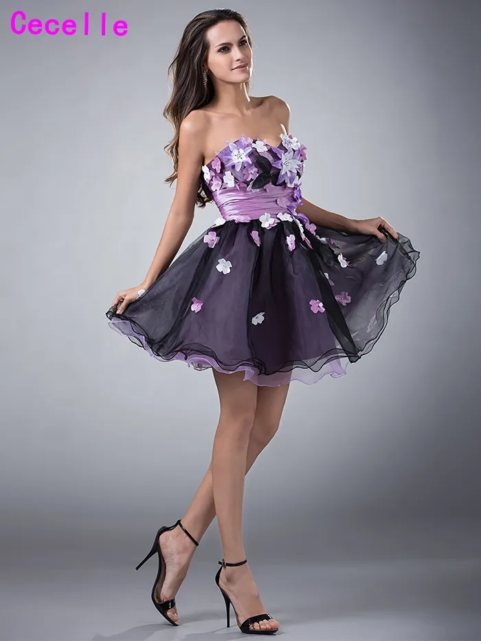 Красочные короткие милые платья на выпускной 2019 с цветами черные органза Юниоры