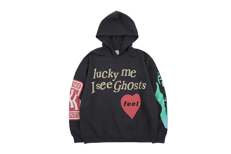 Флисовая мужская толстовка с капюшоном Dark Icon Lucky Me I see Ghosts, весна, толстовки в стиле хип-хоп с надписью и принтом пламени, мужские толстовки и толстовки - Цвет: black hoodie