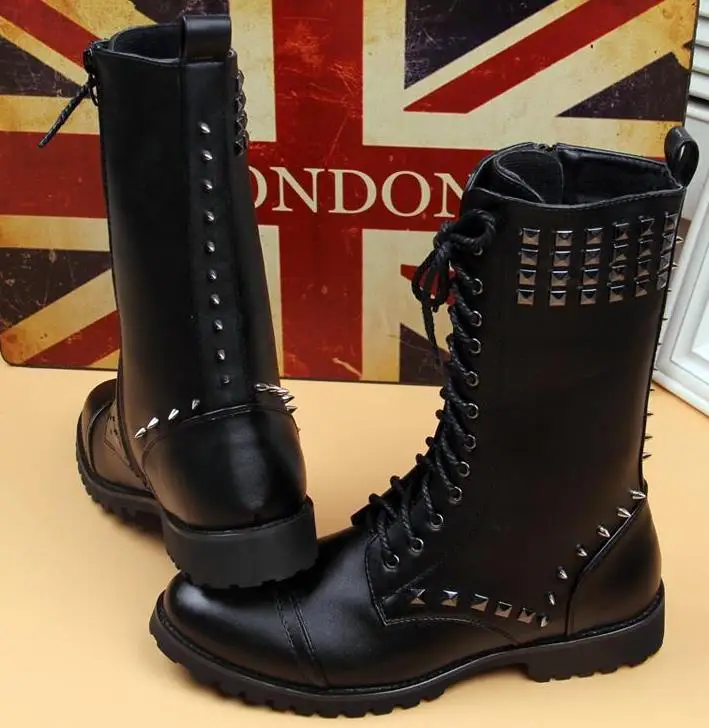 

England Style Boots Black Punk Motorcycle Boots For Men PU Leather Zipper Buckle Strap Warm Snow Boot Riveted men's Martin boots