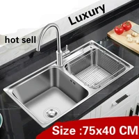 free shipping household luxury food grade 304 stainless steel standard kitchen double groove sink hot sell 750x400 mm