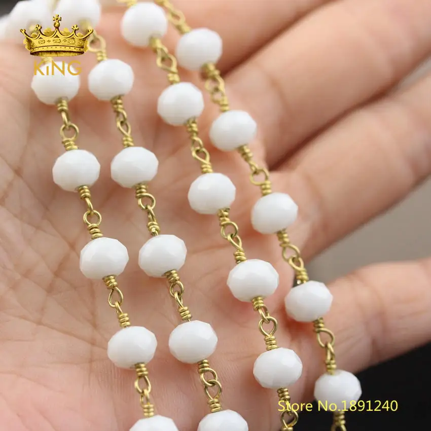 

5meters 5x8mm Bulk Porcelain White Glass Chains,Faceted Rondelle Loose Beads Glass Wire Wrapped Brass Copper Links Chains ZJ271