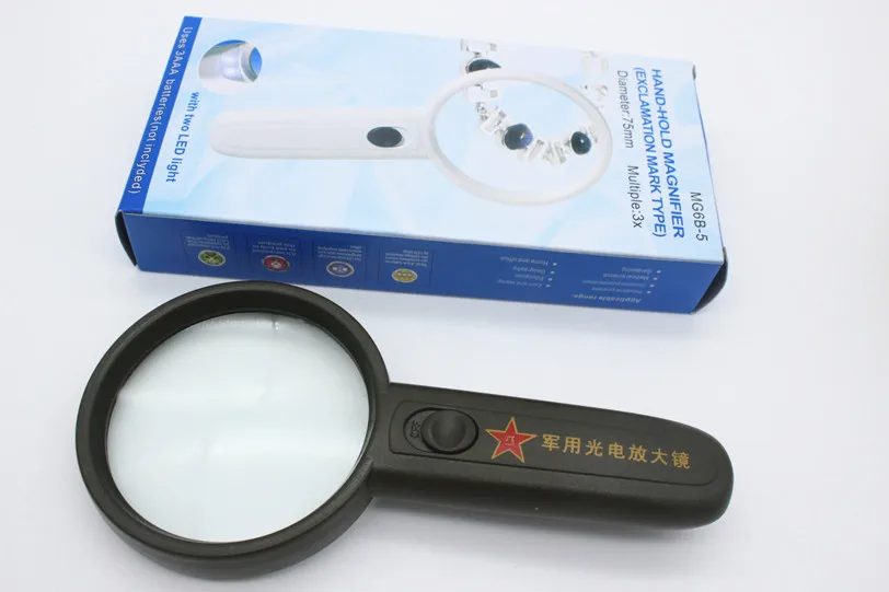 3 Times 75mm Army Green Magnifer Child Toy Pocket Handheld Magnifying Glass loupe Magnifier for Old Man with 2 LED lamp Lights |