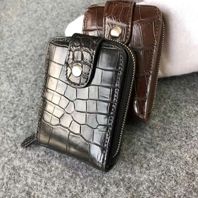 Genuine Crocodile Leather card holder Alligator skin Metal zipper up ID card holder