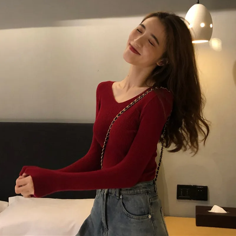 

basic v-neck solid autumn winter Sweater Pullover Women Female Knitted sweater slim long sleeve badycon sweater cheap