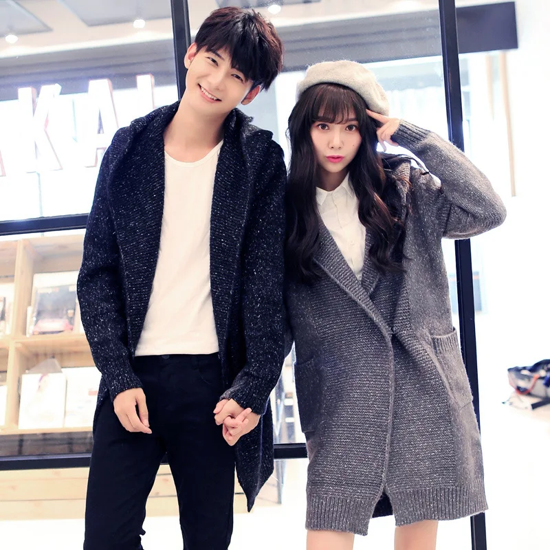 Men Women Long Sweater Coat Winter His-and-her Clothing Couple Knitted Cardigan Down Fashion Korean Warm Windbreaker Jacket |