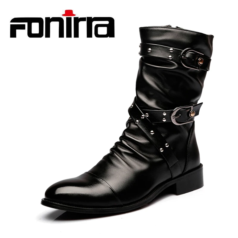 

FONIRRA Knee High Men Booties Leather Motorcycle Boots Mid-calf Military Combat Boots Rivet Army Boots Autumn Male Shoes 609