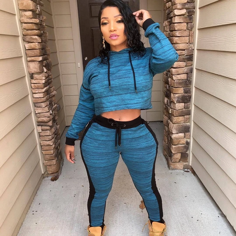 Синий Лоскутное Хлопок Костюм Для Женщин Из Двух Частей Набор Брючный С