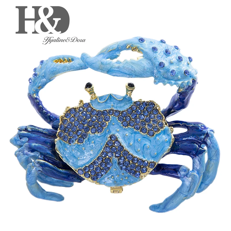H&D Hand Painted Enameled and Jeweled Crab Trinket Box Ring Holder Hinged Jewelry Collectible Figurine with Gift Box