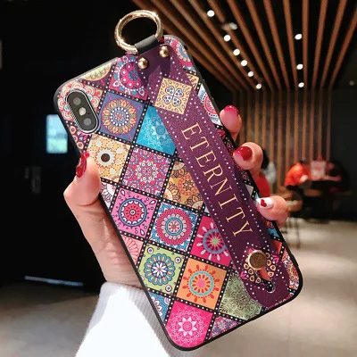 Wrist Strap Case Cover For Iphone 7 8 Plus Phone X XS Soft TPU Silicone Vintage Flower Pattern Holder |