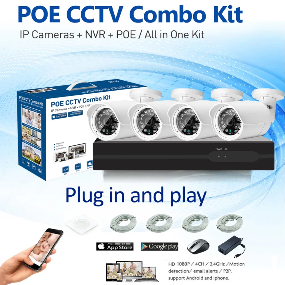 HD 1080P POE 2.0MP IP Сетевая камера видеонаблюдения Система 4CH/6CH/8CH HDMI NVR оповещения по