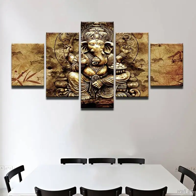 Modern Hd Printed Canvas Posters Home Decor 5 Pieces India Ganesha Paintings Framed Wall Art Elephant Trunk God Pictures | Дом и сад