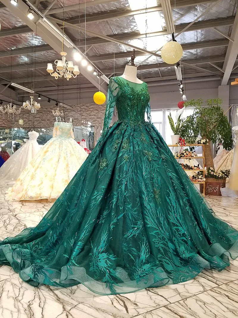 Скромное зеленое кружевное Пышное Платье для бала-маскарада с длинным рукавом и
