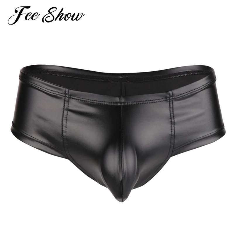 

Sexy Mens Lingerie Faux Leather Bikini Briefs Underwear New Men's Lingerie Low Rise Briefs Underwear Underpants with Bulge Pouch
