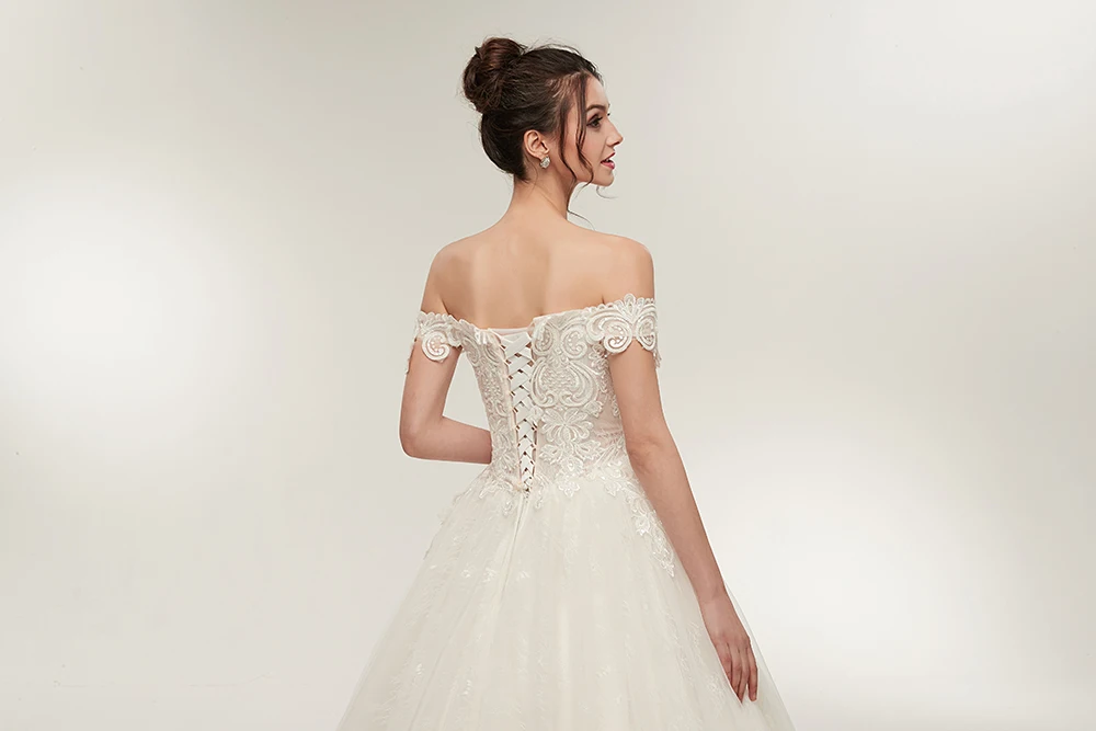 

Romantic Off Shoulder Ball Gown Wedding Dresses 2019 Lace Applique Bridal Wedding Gowns Lace Up Back vestido de noiva