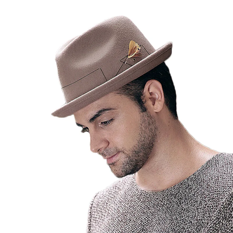 Light Brown FS с широкими полями, черная фетровая шляпа для мужчин, осенняя винтажная верхняя джазовая шляпа, Зимняя шерстяная фетровая шляпа крестного отца, шляпы Трилби, Chapeau Homme - Цвет: Light Brown