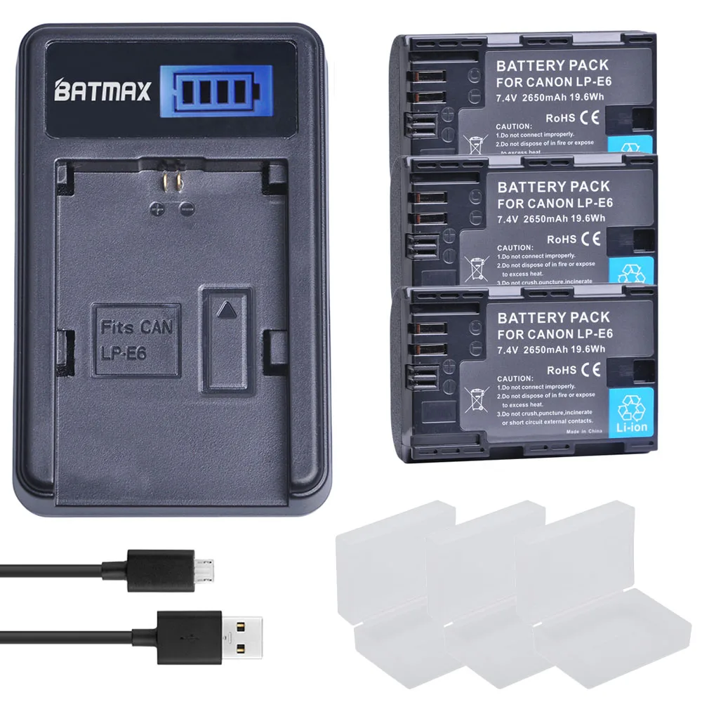 Аккумулятор 2650 мАч 3x LP E6 lpe6 + зарядное устройство USB с ЖК дисплеем для Canon 5D Mark II III 7D