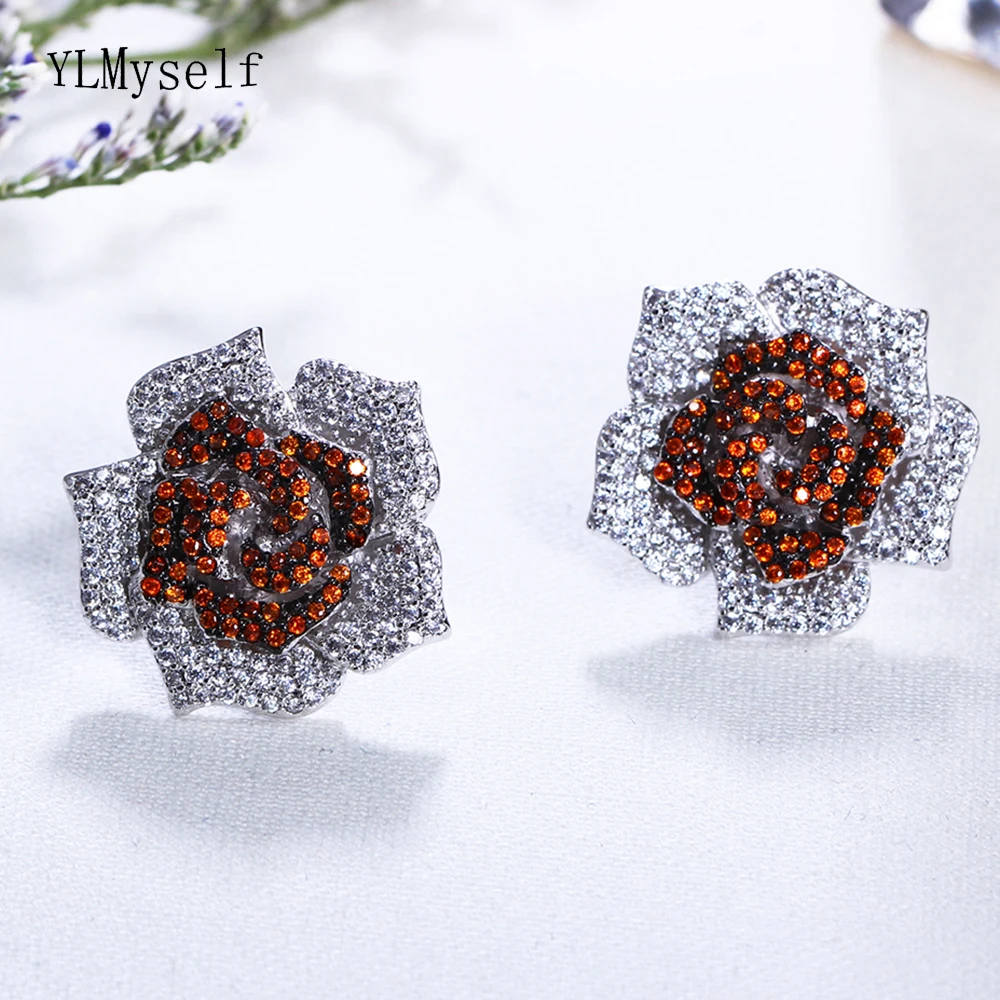 

Beautiful large stud earring Pave Green Siam Olivine crystal color stones Rhodium plate jewelry women big rose flower earrings