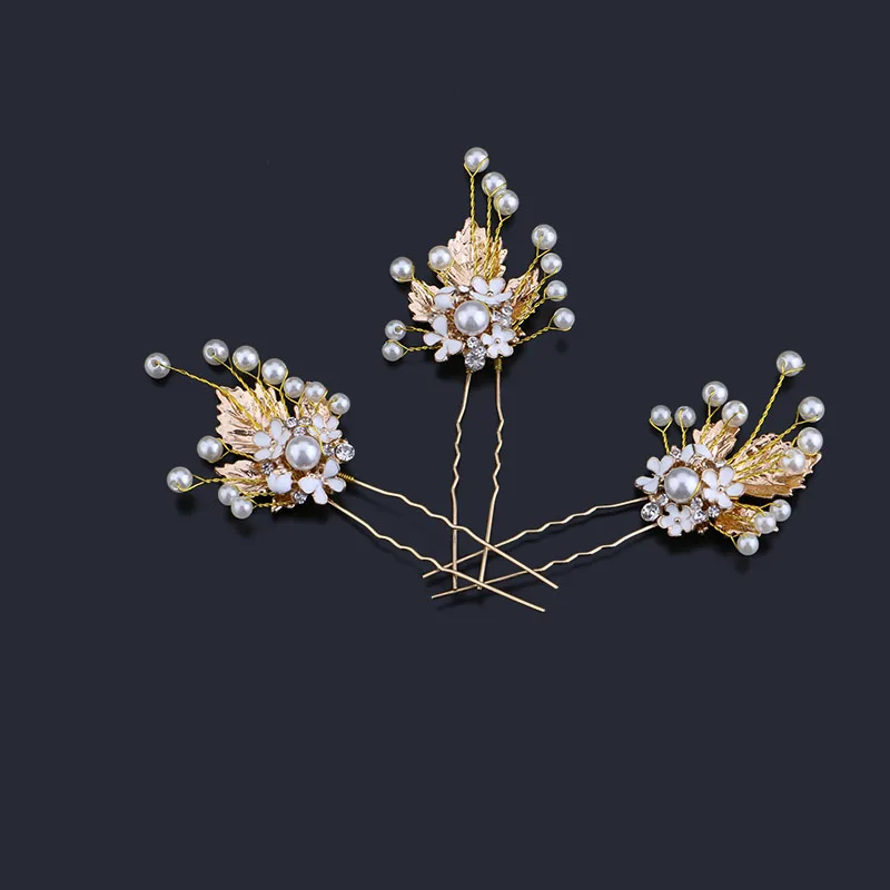 3Pcs Luxury Gold Pearl Rhinestone Bridal Hair Pin Women Clip Leaf Headpiece Jewelry Wedding Accessories SL | Украшения и