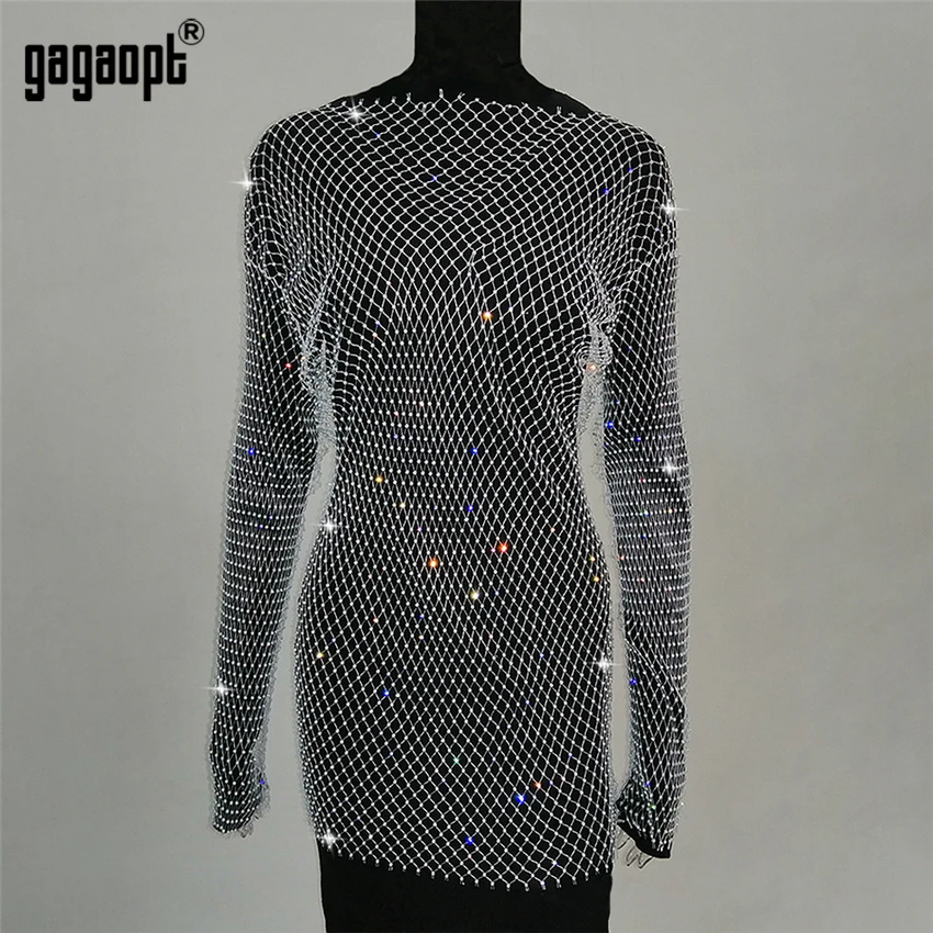 Gagaopt Bling Стразы Белый Черный Сетчатое Открытое платье сексуальное без ажурное облегающее женское летнее вечернее платье