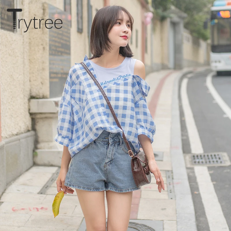 Рубашка Ttytree женская летняя ассиметричная с длинным рукавом и о вырезом|Рубашки| |