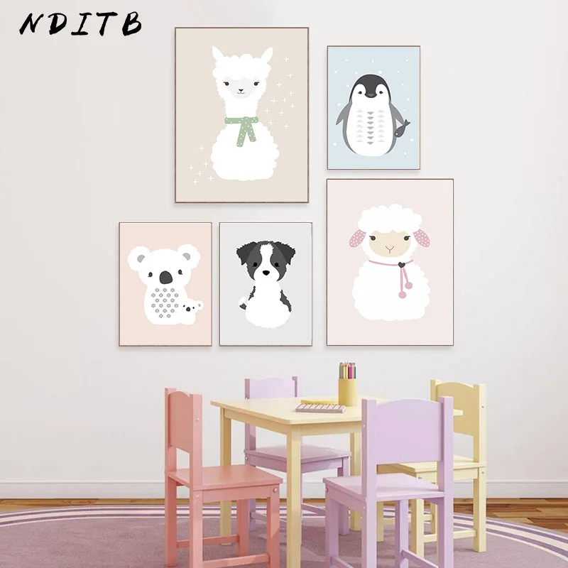 NDITB каваи мультфильм животное холст картина лама медведь собака плакат для